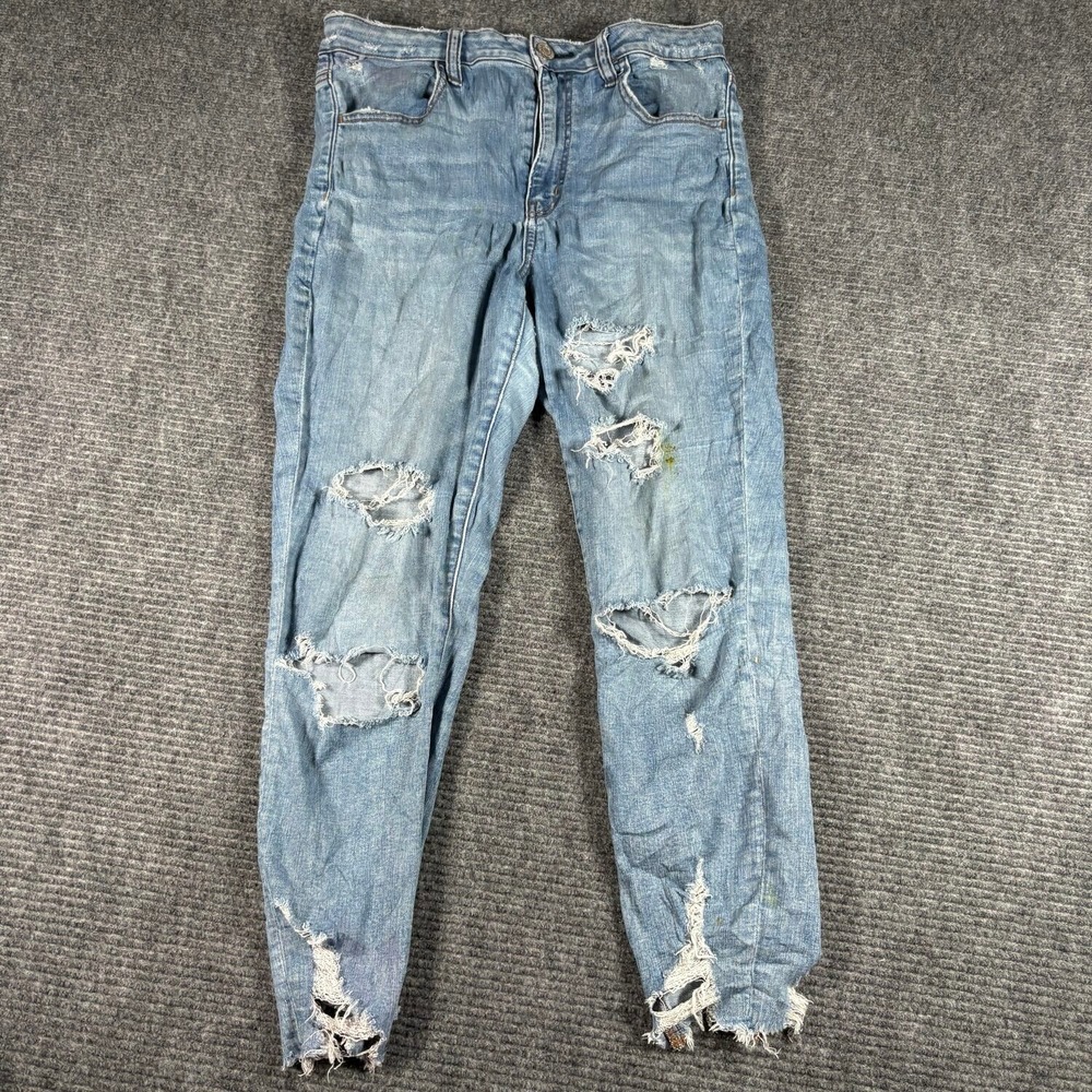 American Eagle Super Hi-Rise Jegging Crop Women 12 Blue Good Distressed Skinny